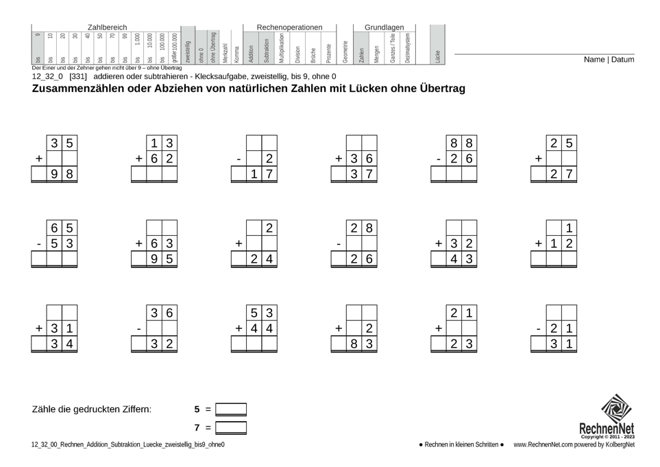 12_32_0 Rechnen Addition Subtraktion Lücke zweistellig bis9 ohne0
