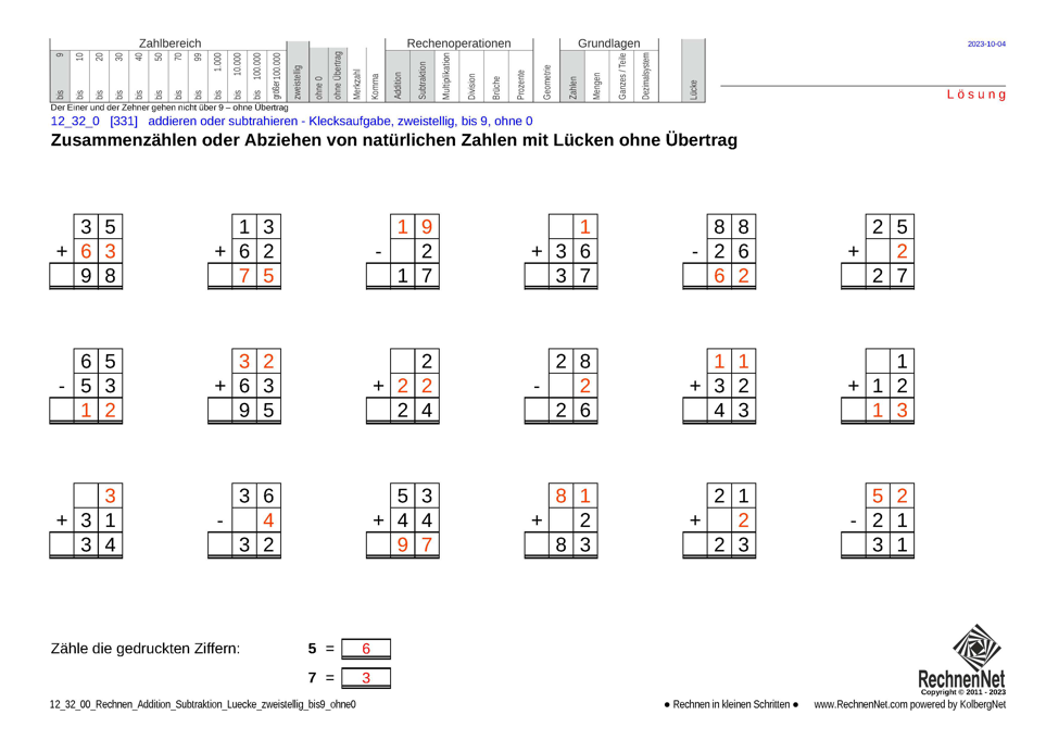 Lösung: 12_32_0 Rechnen Addition Subtraktion Lücke zweistellig bis9 ohne0