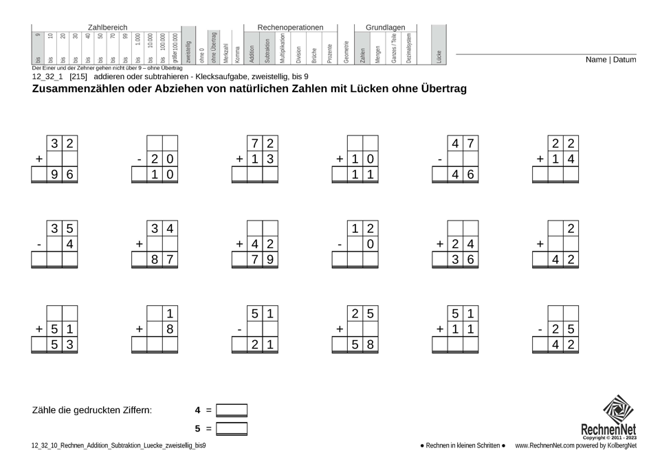 12_32_1 Rechnen Addition Subtraktion Lücke zweistellig bis9