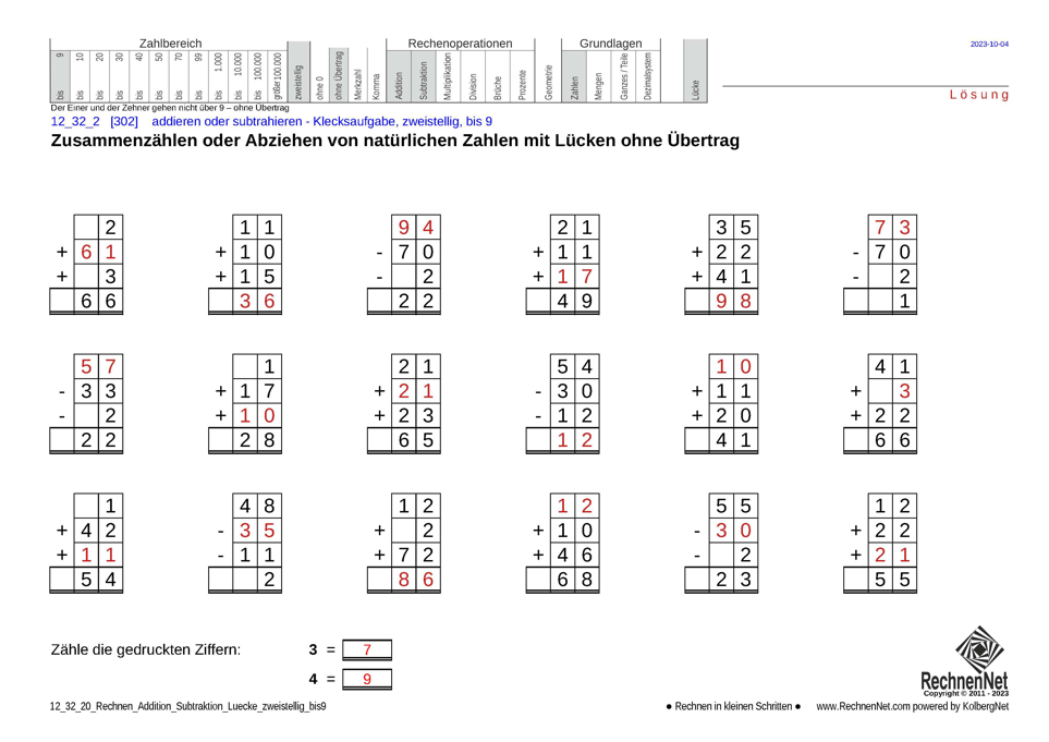 Lösung: 12_32_2 Rechnen Addition Subtraktion Lücke zweistellig bis9
