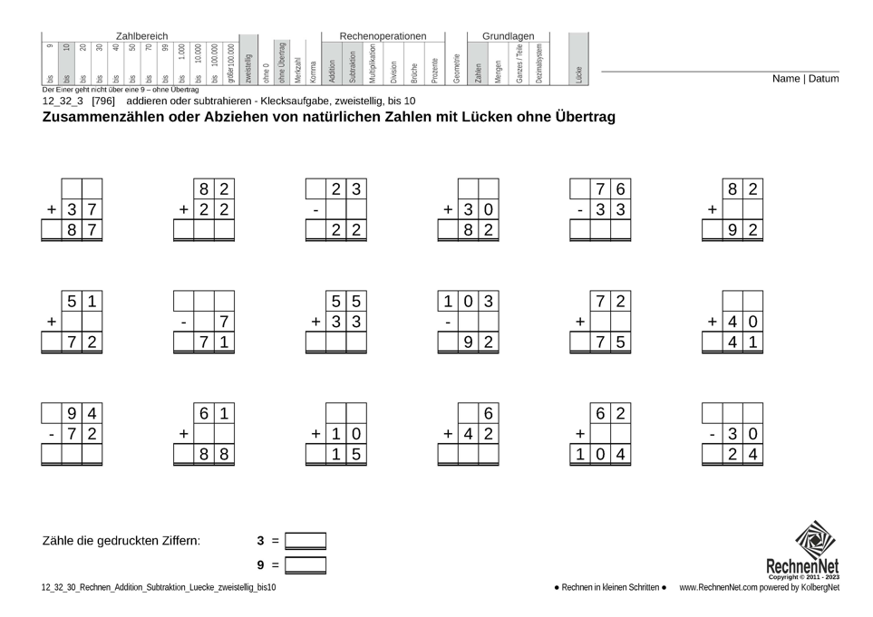 12_32_3 Rechnen Addition Subtraktion Lücke zweistellig bis10