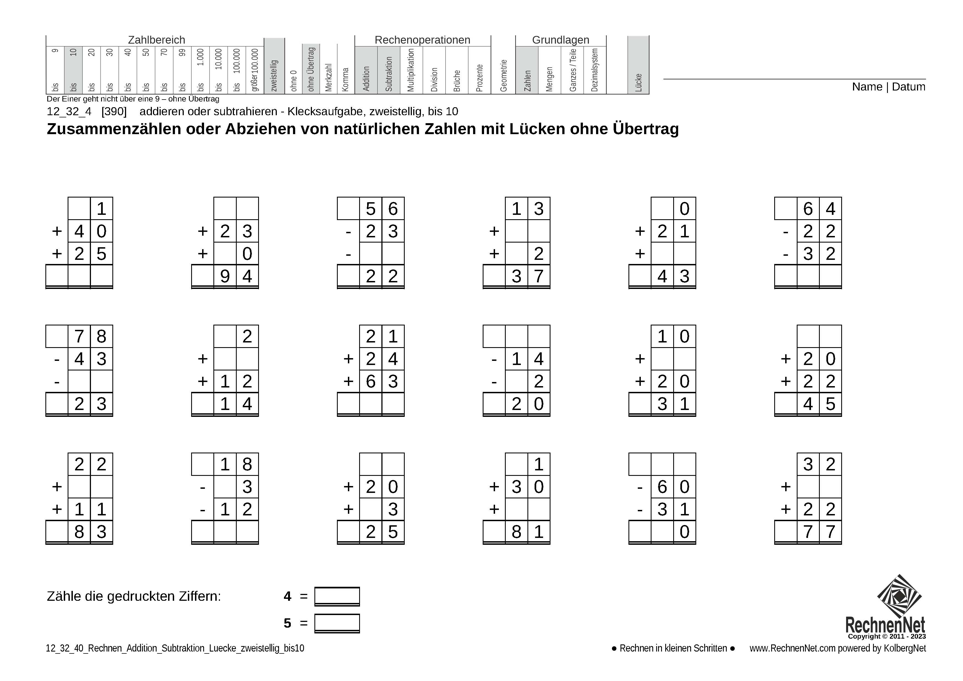 12_32_4 Rechnen Addition Subtraktion Lücke zweistellig bis10