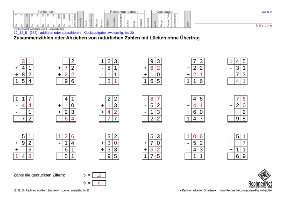 Lösung: 12_32_5 Rechnen Addition Subtraktion Lücke zweistellig bis20