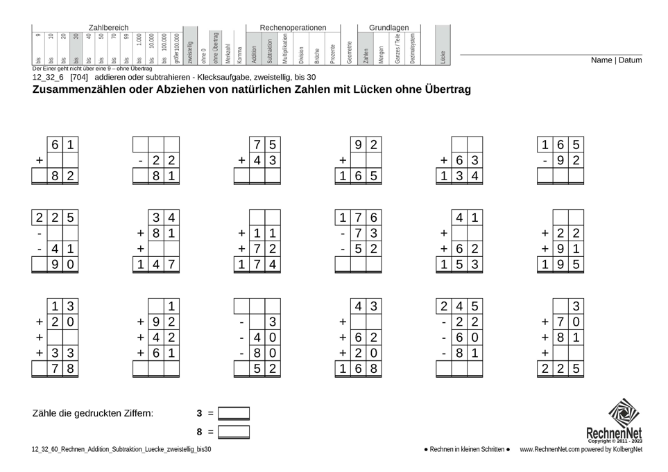 12_32_6 Rechnen Addition Subtraktion Lücke zweistellig bis30