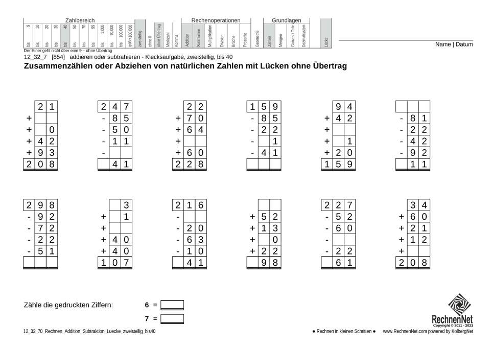 12_32_7 Rechnen Addition Subtraktion Lücke zweistellig bis40