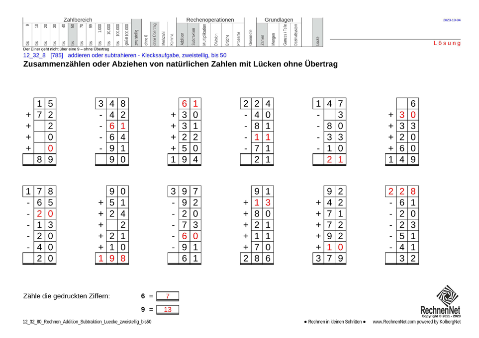 Lösung: Lösung: 12_32_8 Rechnen Addition Subtraktion Lücke zweistellig bis50