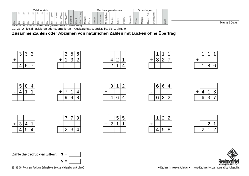 12_33_0 Rechnen Addition Subtraktion Lücke dreistellig bis9 ohne0