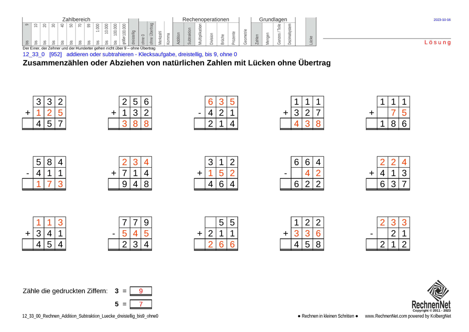 Lösung: 12_33_0 Rechnen Addition Subtraktion Lücke dreistellig bis9 ohne0