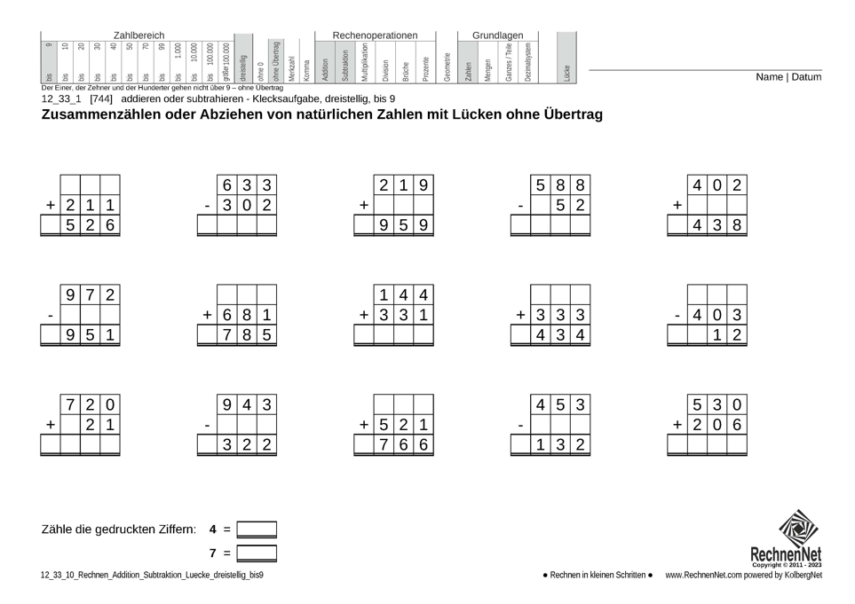12_33_1 Rechnen Addition Subtraktion Lücke dreistellig bis9