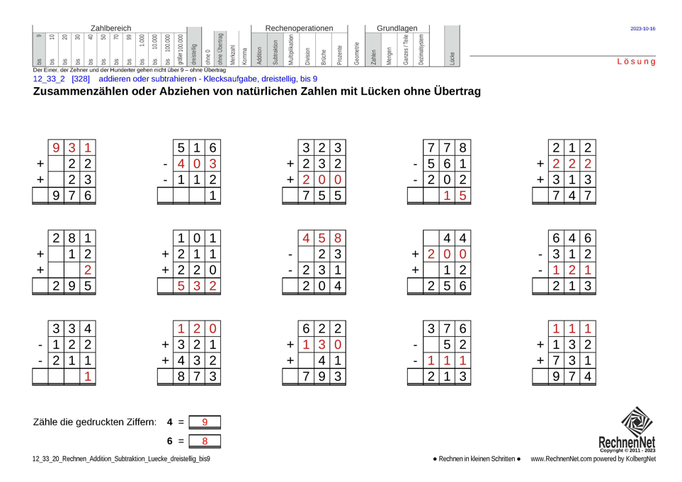 Lösung: 12_33_2 Rechnen Addition Subtraktion Lücke dreistellig bis9
