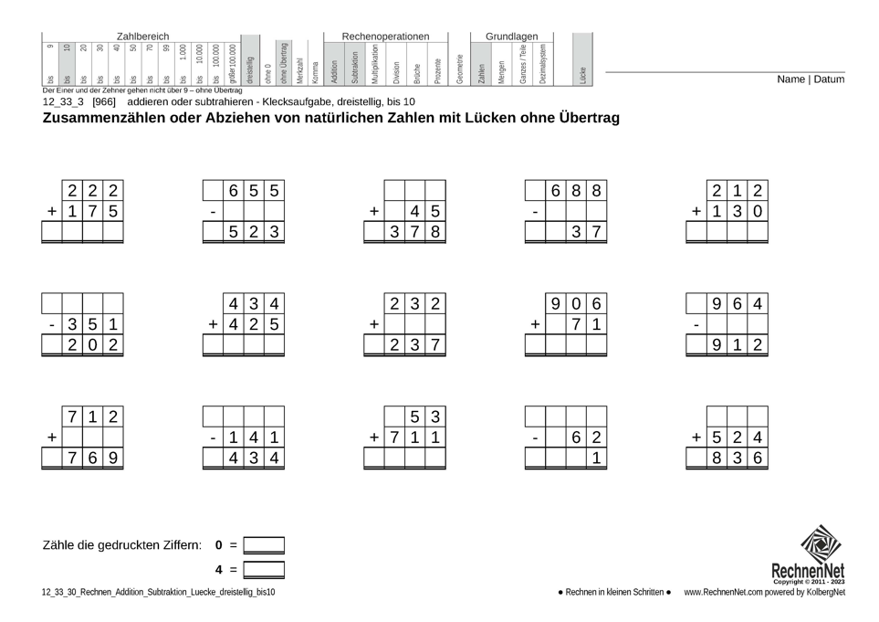 12_33_3 Rechnen Addition Subtraktion Lücke dreistellig bis10