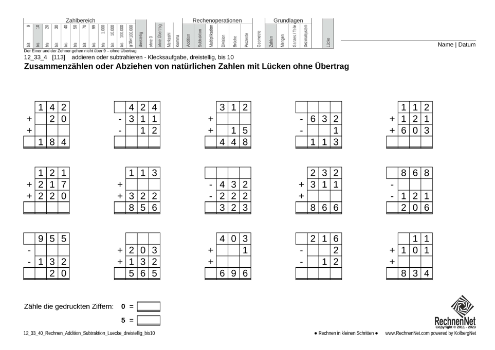 12_33_4 Rechnen Addition Subtraktion Lücke dreistellig bis10