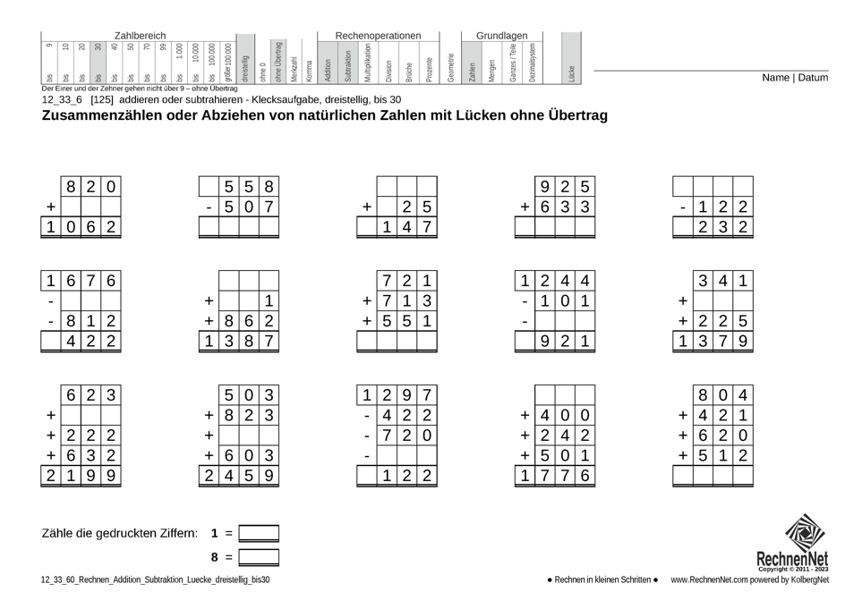 12_33_6 Rechnen Addition Subtraktion Lücke dreistellig bis30