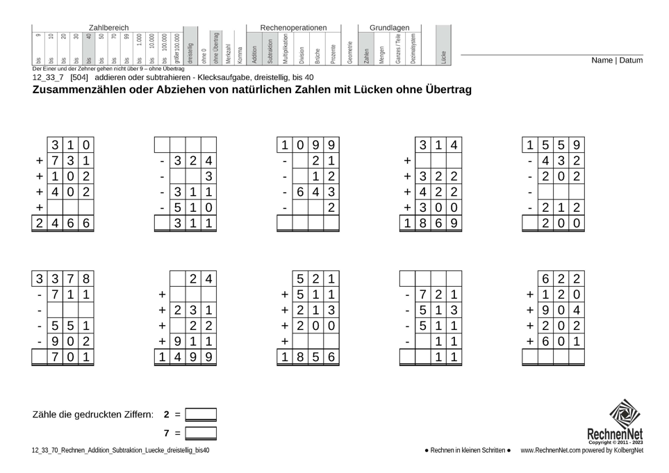 12_33_7 Rechnen Addition Subtraktion Lücke dreistellig bis40