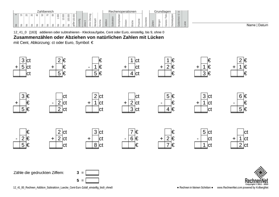 12_41_0 Rechnen Addition Subtraktion Lücke Cent-Euro einstellig bis9 ohne0
