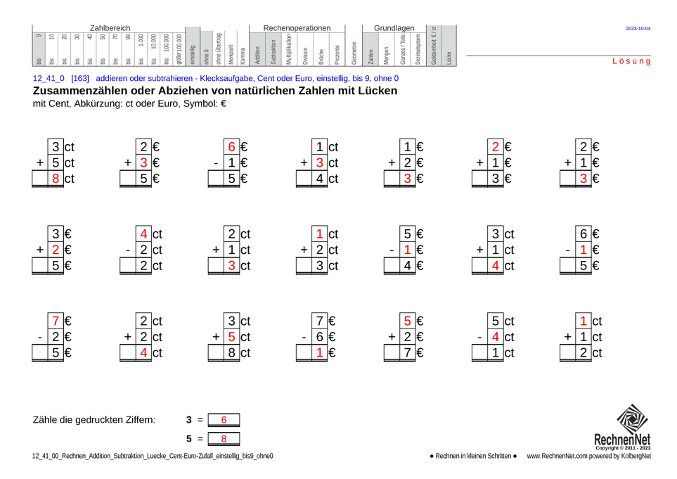Lösung: 12_41_0 Rechnen Addition Subtraktion Lücke Cent-Euro einstellig bis9 ohne0