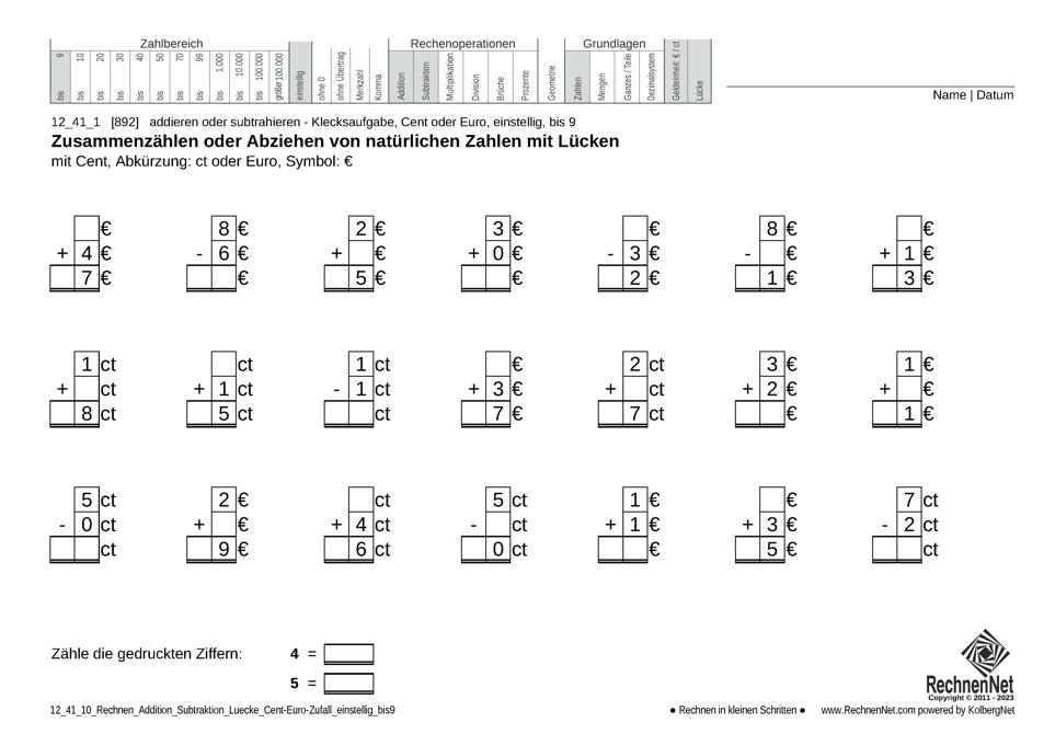 12_41_1 Rechnen Addition Subtraktion Lücke Cent-Euro einstellig bis9