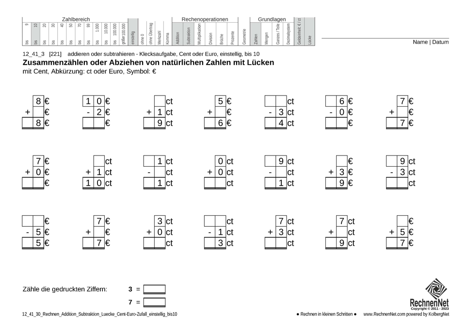 12_41_3 Rechnen Addition Subtraktion Lücke Cent-Euro einstellig bis10