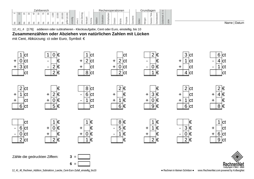 12_41_4 Rechnen Addition Subtraktion Lücke Cent-Euro einstellig bis10