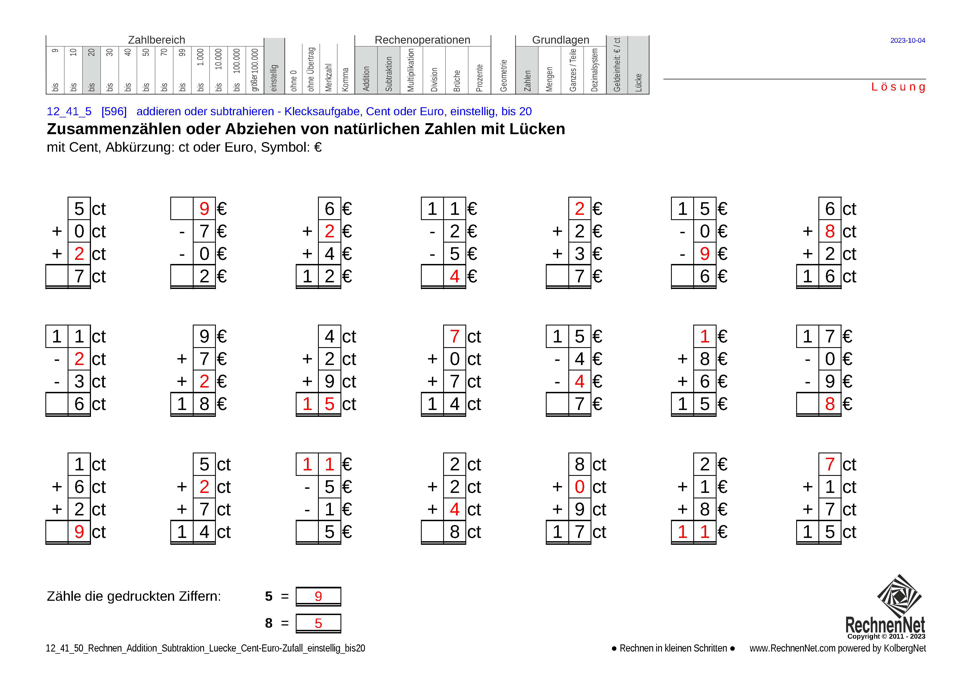 Lösung: 12_41_5 Rechnen Addition Subtraktion Lücke Cent-Euro einstellig bis20