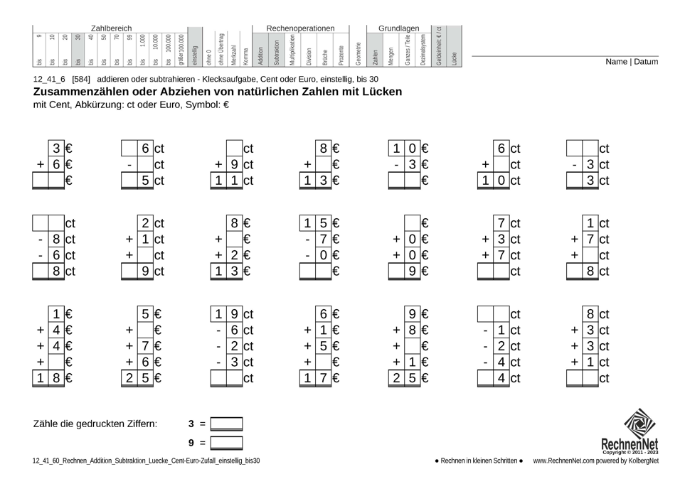 12_41_6 Rechnen Addition Subtraktion Lücke Cent-Euro einstellig bis30