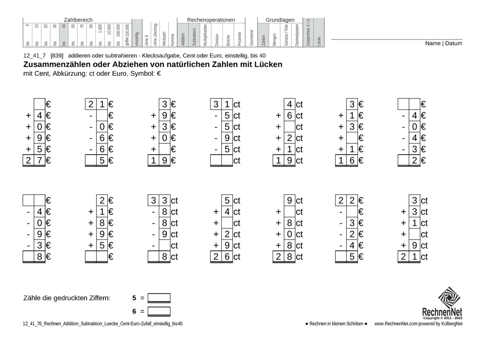 12_41_7 Rechnen Addition Subtraktion Lücke Cent-Euro einstellig bis40