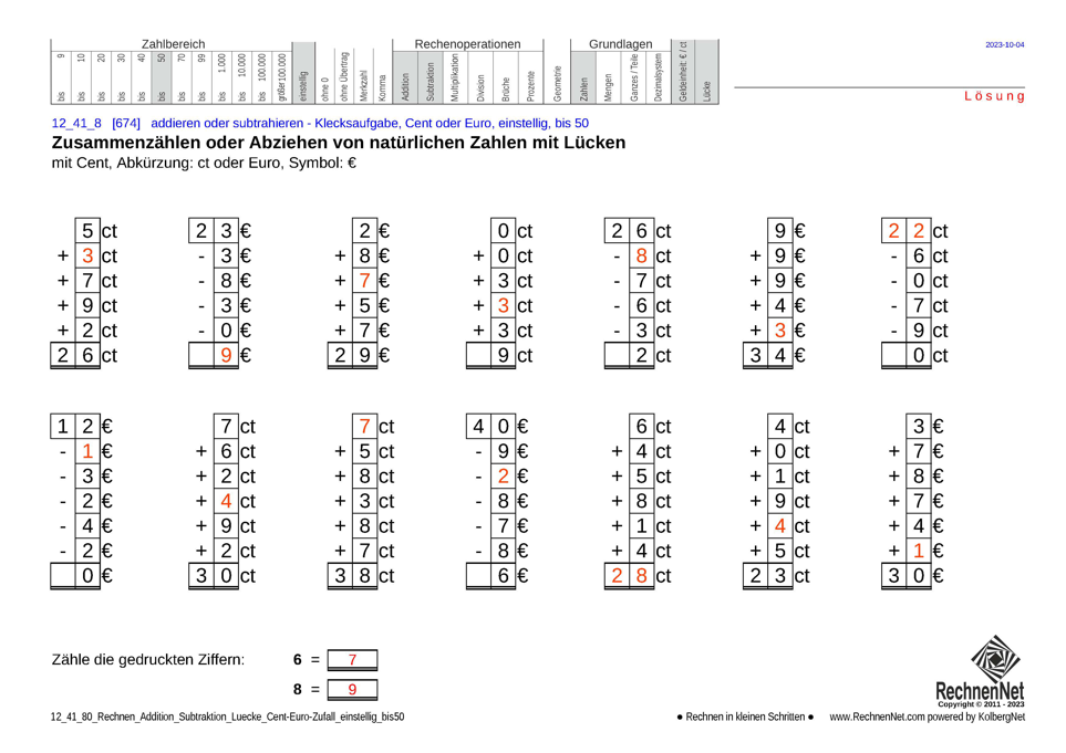 Lösung: 12_41_8 Rechnen Addition Subtraktion Lücke Cent-Euro einstellig bis50