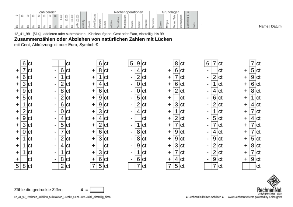 12_41_9 Rechnen Addition Subtraktion Lücke Cent-Euro einstellig bis99