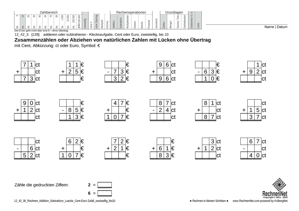 12_42_3 Rechnen Addition Subtraktion Lücke Cent-Euro zweistellig bis10