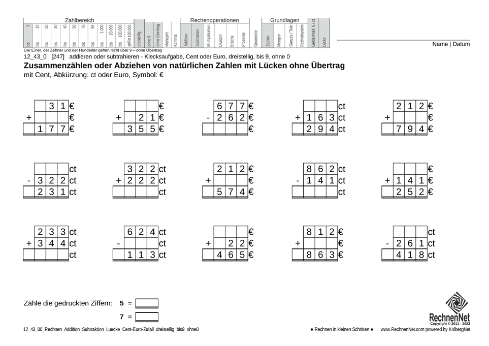 12_43_0 Rechnen Addition Subtraktion Lücke Cent-Euro dreistellig bis9 ohne0