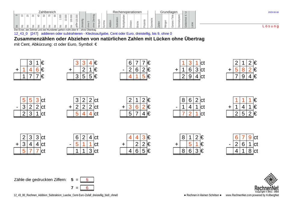 Lösung: 12_43_0 Rechnen Addition Subtraktion Lücke Cent-Euro dreistellig bis9 ohne0