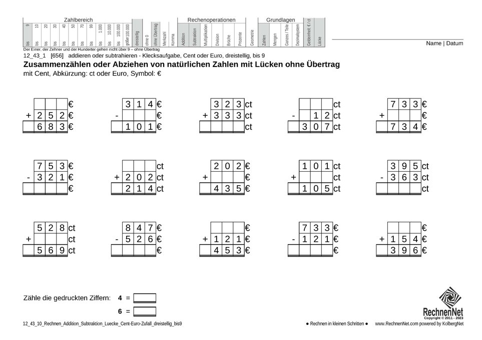 12_43_1 Rechnen Addition Subtraktion Lücke Cent-Euro dreistellig bis9