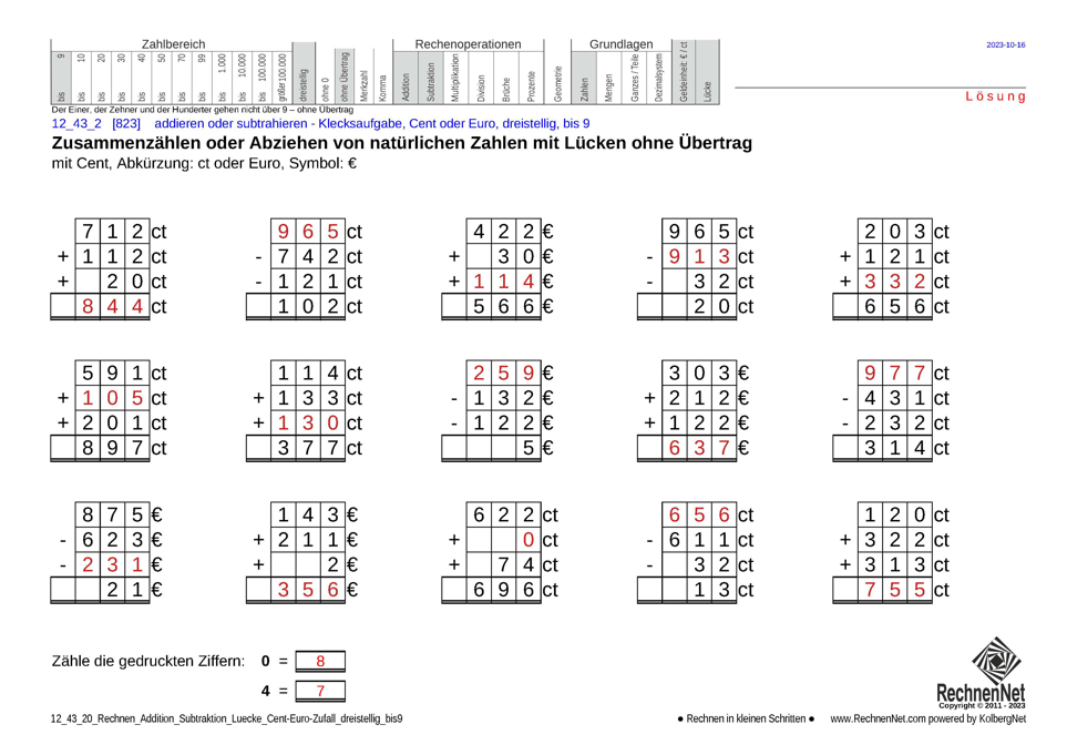 Lösung: 12_43_2 Rechnen Addition Subtraktion Lücke Cent-Euro dreistellig bis9