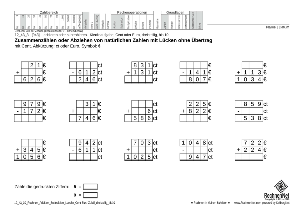 12_43_3 Rechnen Addition Subtraktion Lücke Cent-Euro dreistellig bis10