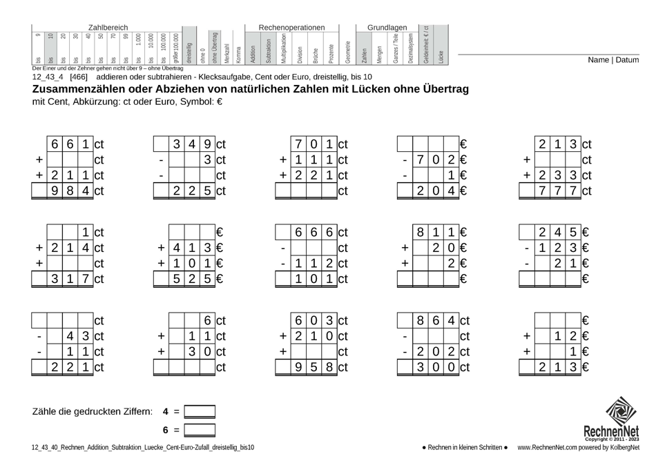 12_43_4 Rechnen Addition Subtraktion Lücke Cent-Euro dreistellig bis10