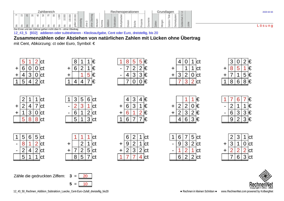 Lösung: 12_43_5 Rechnen Addition Subtraktion Lücke Cent-Euro dreistellig bis20
