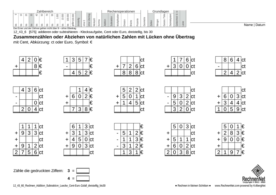 12_43_6 Rechnen Addition Subtraktion Lücke Cent-Euro dreistellig bis30
