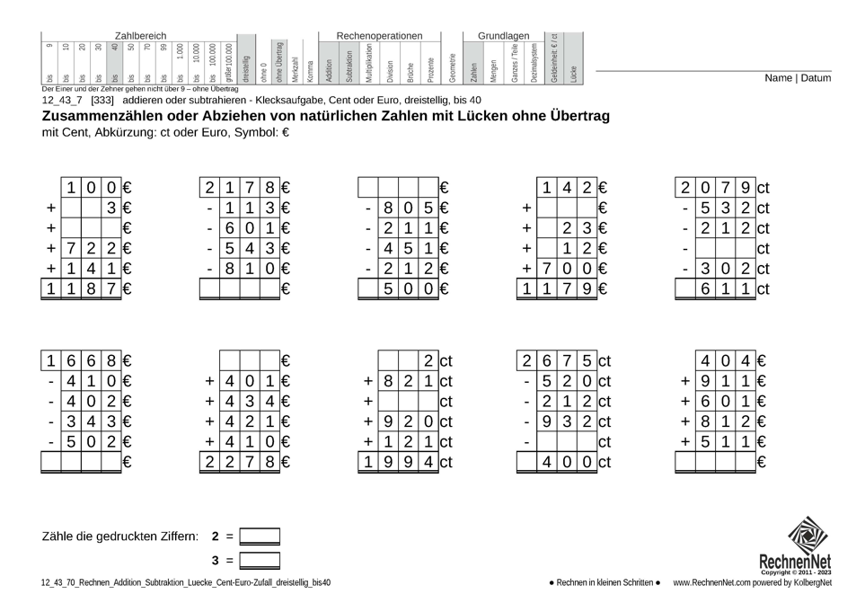 12_43_7 Rechnen Addition Subtraktion Lücke Cent-Euro dreistellig bis40
