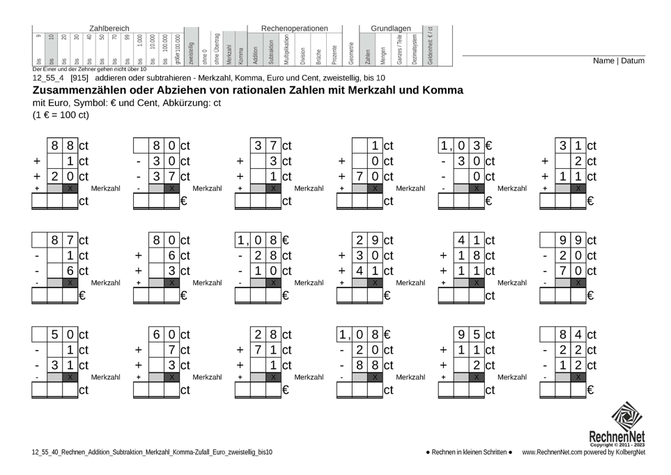 12_55_4 Rechnen Addition Subtraktion Merkzahl Komma Euro zweistellig bis10