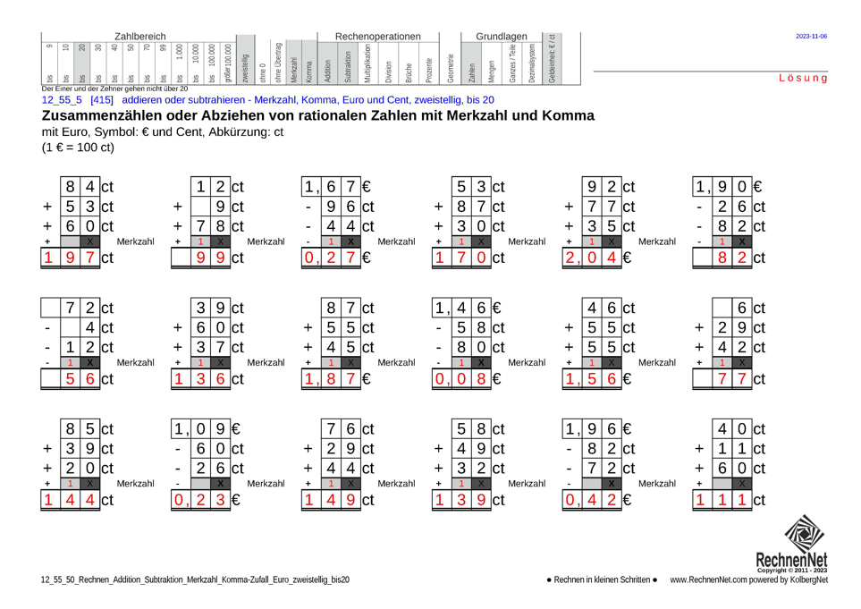 Lösung: 12_55_5 Rechnen Addition Subtraktion Merkzahl Komma Euro zweistellig bis20