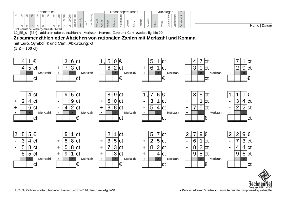 12_55_6 Rechnen Addition Subtraktion Merkzahl Komma Euro zweistellig bis30
