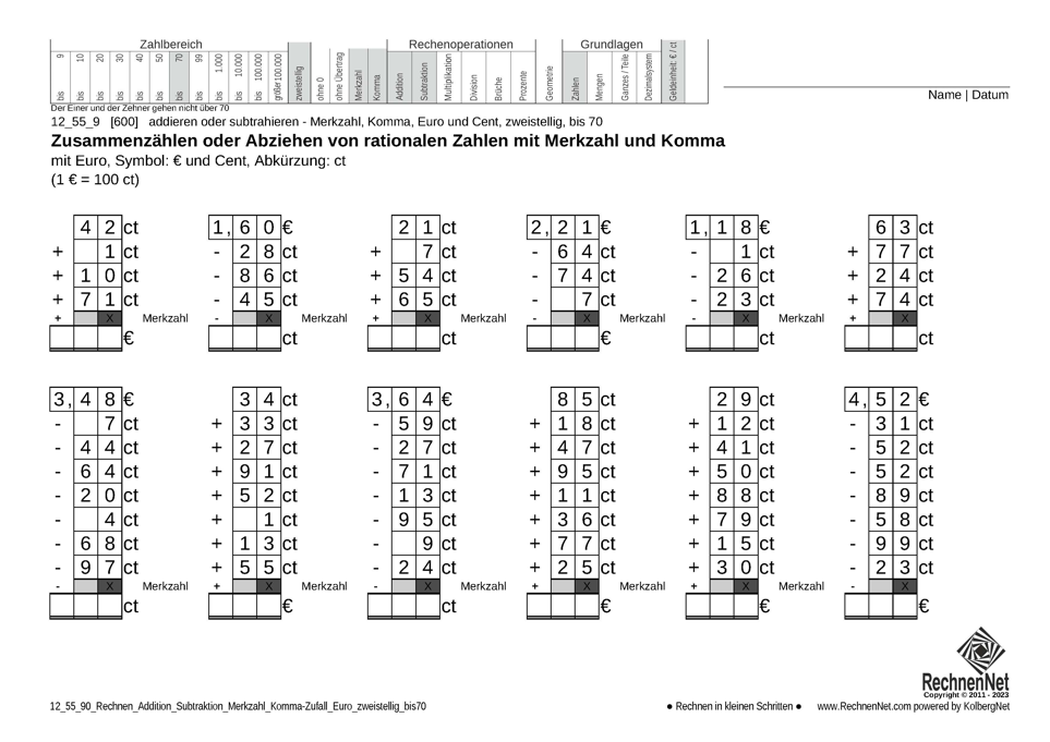 12_55_9 Rechnen Addition Subtraktion Merkzahl Komma Euro zweistellig bis70