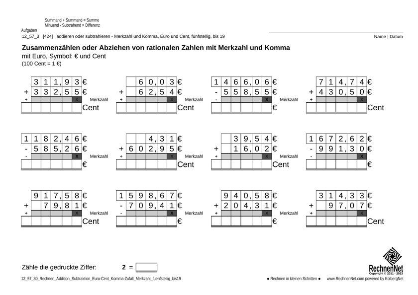 12_58_3 Rechnen Addition Subtraktion Merkzahl Komma Euro fünfstellig bis19