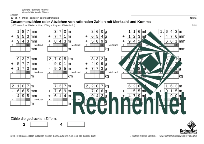12_65_4 Rechnen Addition Subtraktion Merkzahl Komma mm-m-km g-kg ml-l dreistellig_bis29