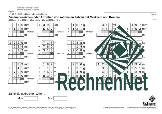 12_65_5 Rechnen Addition Subtraktion Merkzahl Komma mm-m-km g-kg ml-l dreistellig_bis39