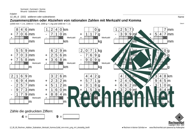 12_65_6 Rechnen Addition Subtraktion Merkzahl Komma mm-m-km g-kg ml-l dreistellig_bis49