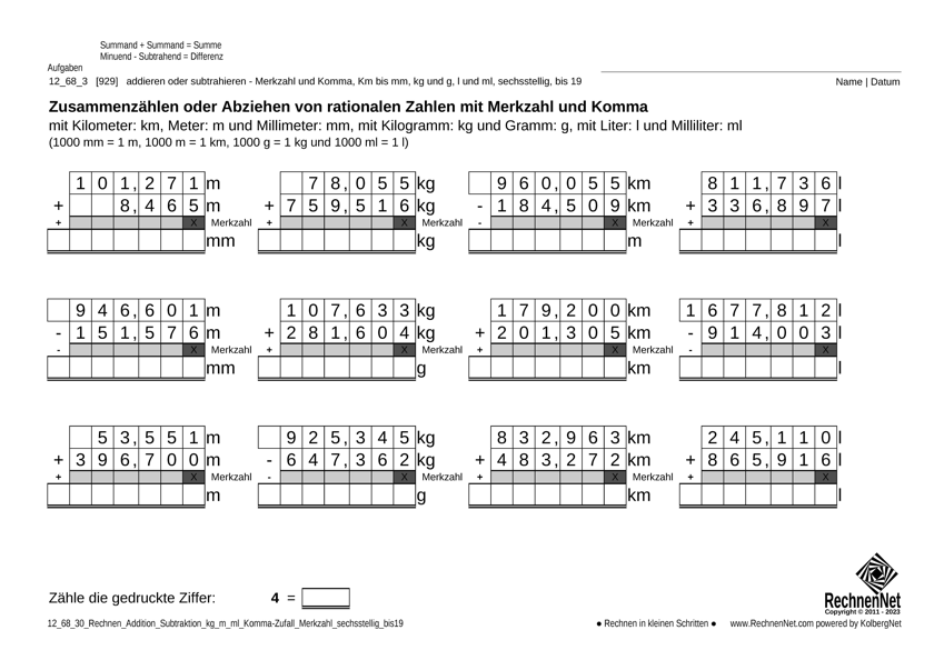 12_69_3 Rechnen Addition Subtraktion Merkzahl Komma kg_m_ml sechsstellig bis19