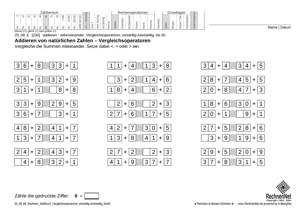 20_08_6 Rechnen Addition Vergleichsoperatoren einstellig-zweistellig bis50