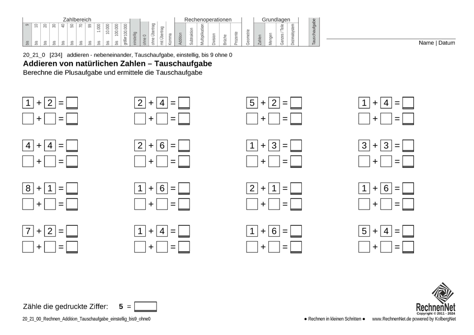 20_21_0 Rechnen Addition Tauschaufgabe einstellig bis9 ohne0