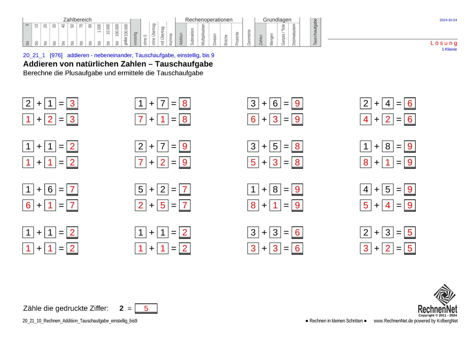 Lösung: 20_21_1 Rechnen Addition Tauschaufgabe einstellig bis9